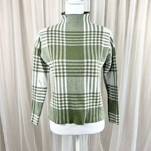 Max Studio SMALL green and white plaid mock turtleneck pullover academia sweater